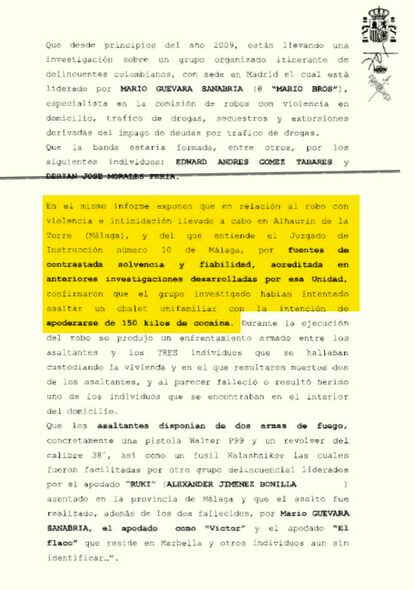 Extracto del informe de la Policía Nacional acerca de las actividades de los investigados y de su intención de ir a Málaga a robar droga. 