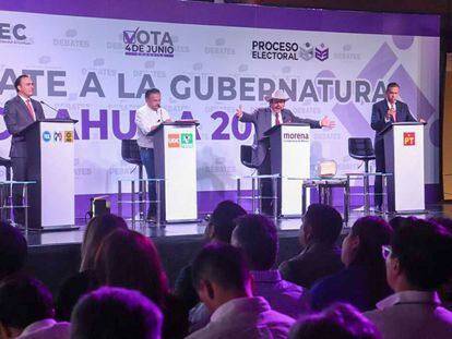 Los candidatos Manolo Jiménez, Lenin Pérez, Armando Guadiana, y Ricardo Mejía Berdeja, en el segundo debate para la gubernatura de Coahuila.