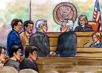 Dibujo del juicio contra Qing Chag Jiang, el segundo por la izquierda, en San José, California.