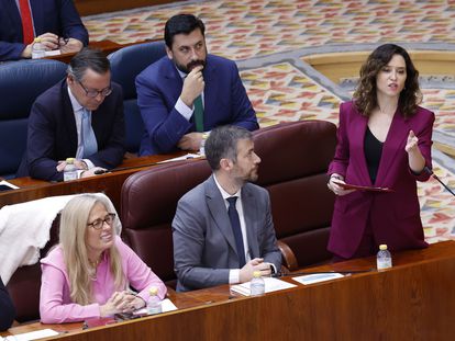 La presidenta de la Comunidad de Madrid, Isabel Díaz Ayuso, este jueves en el pleno de la Asamblea.