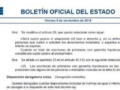 El BOE publica este viernes el cambio legal para que sean los bancos los que soporten la carga tributaria