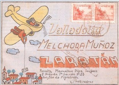 Tarjeta postal ilustrada del preso Marcelino Díez López a su mujer, Melchora Muñoz, desde la prisión de Figueirido (Pontevedra), agosto de 1939.