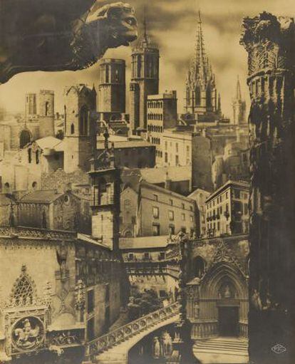 Pere Català Pic. Fotomuntatge sobre el barri Gòtic, 1935.