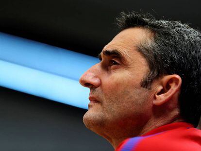 Ernesto Valverde, a la sala de premsa de la Ciutat Esportiva.