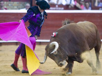 El Juli recibe con el capote a uno de los toros que lidi&oacute; ayer.