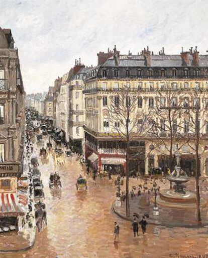 Detalle del cuadro 'Calle St. Honoré por la tarde. Efecto de lluvia', de Pissarro.