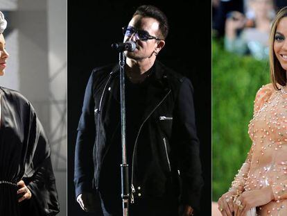 De izquierda a derecha: los cantantes Alicia Keys, Bono y Beyoncé.