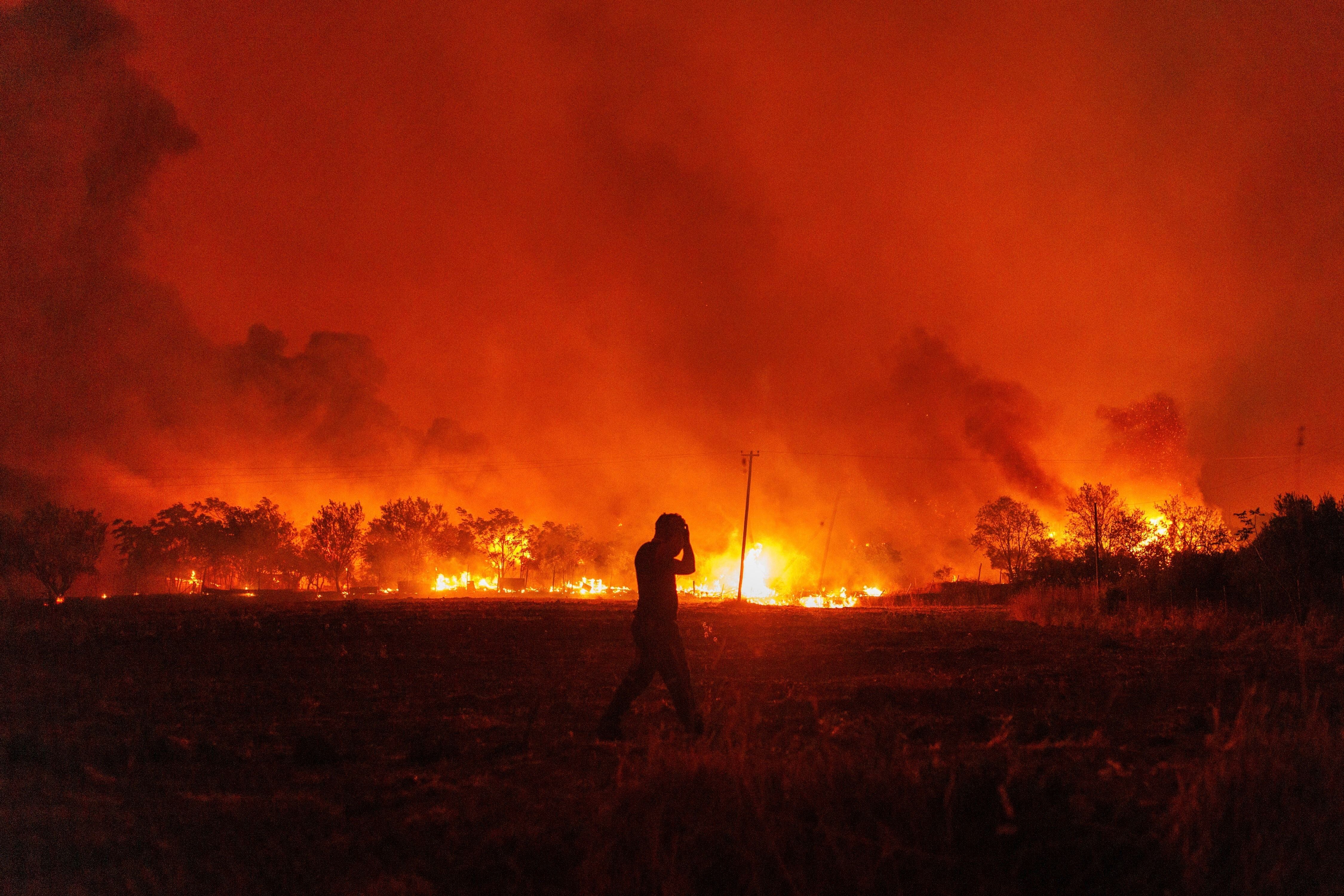 Una persona en un campo de Avantas, mientras las llamas avanzan, la madrugada del 21 de agosto.