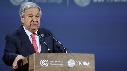 El secretario general de la ONU, António Guterres, durante su discurso en la COP28, en Dubái.
