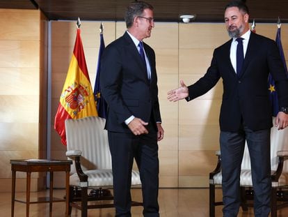 El líder del PP, Alberto Núñez Feijóo se reúne con el presidente de Vox Santiago Abascal en el Congreso.