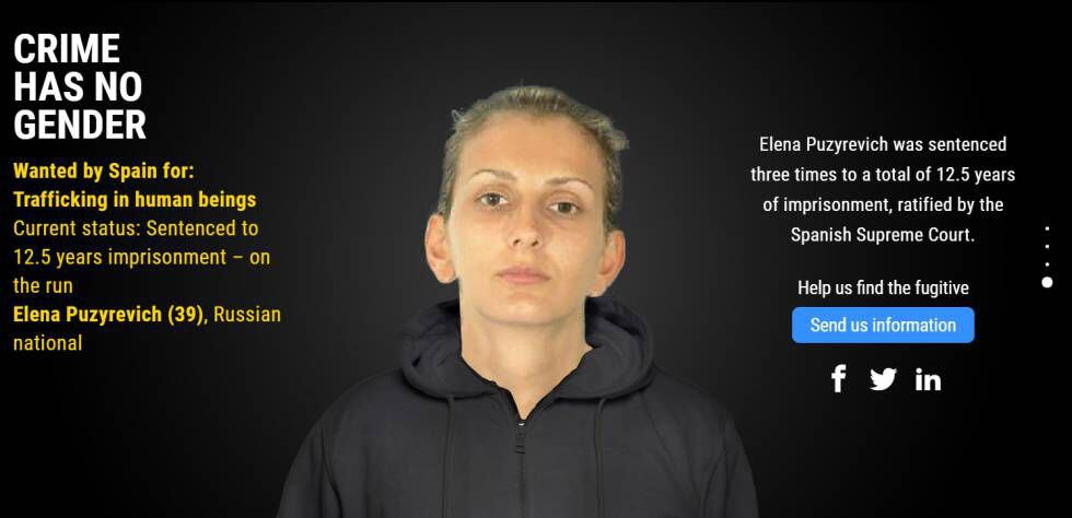 Esta es Elena Puzyrevhic, la mujer más buscada por España, por tráfico de seres humanos. Tiene 39 años y es rusa.