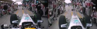 En su primera entrada para cambiar neumáticos durante el GP de Malasia, Lewis Hamilton se detuvo por error en el taller de McLaren, su ex equipo, ante el asombro de los mecánicos, que tuvieron que hacerle señas para que siguiera hasta el box de Mercedes.