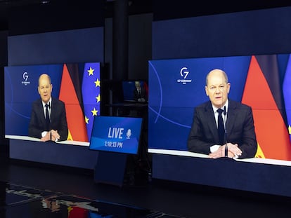 Olaf Scholz, este miércoles durante su discurso por videoconferencia ante el Foro Económico Mundial.