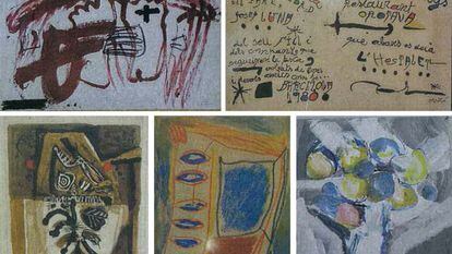 A dalt, dues de les obres requisades signades per Tàpies i Miró i, a baix, les de Muxart, Ginovart i Clavé.