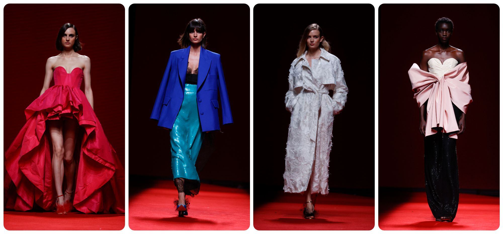 Cuatro de las propuestas de Redondo Brand, durante su desfile de este jueves en la Mercedes Benz Fashion Week Madrid.