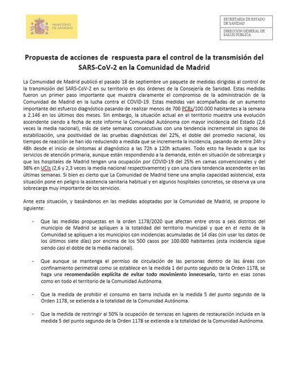 Propuesta de acciones de  respuesta para el control de la transmisión del SARS-CoV-2 en la Comunidad de Madrid