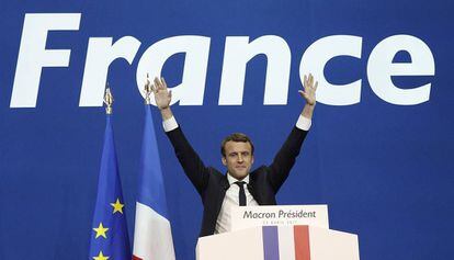 Emmanuel Macron, candidato a la presidencia de Francia, celebra su victoria en la primera ronda.