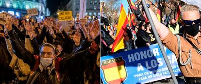 A la izquierda, manifestación en Madrid por la encarcelación de Pablo Hasél, el 17 de febrero. A la derecha, marcha en homenaje a los caídos de la División Azul en Madrid, el 13 de febrero.