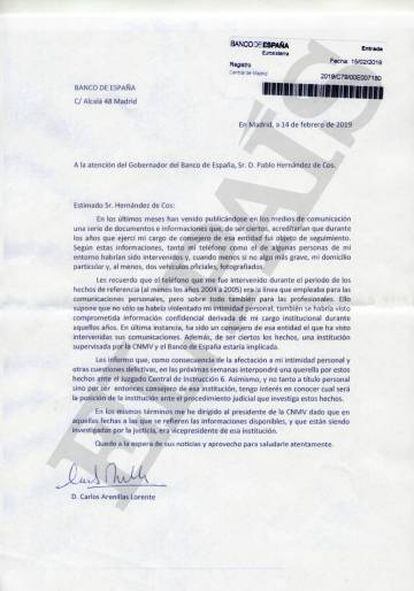 Carta de Arenillas al Banco de España.