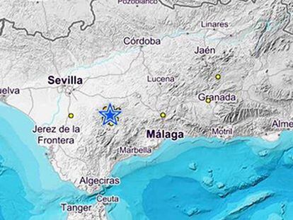 Mapa del epicentro del terremoto en la provincia de Sevilla cerca de las de Málaga y Cádiz.