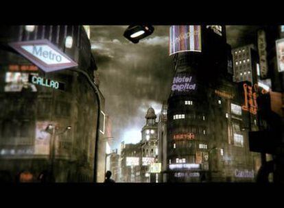 Escenografía digital creada por ordenador para el cortometraje <i>Cíclope,</i> ambientado en un Madrid futurista a lo <i>Blade Runner.</i>