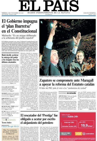 14 de noviembre de 2003. Los partidos mayoritarios en Cataluña se presentan a las elecciones autonómicas con proyectos de reforma del Estatuto de autonomía. En la recta final de la campaña, el líder de la oposición, José Luis Rodríguez Zapatero -poco después sería presidente del Gobierno-, se compromete a apoyar la "reforma que apruebe el Parlamento catalán".