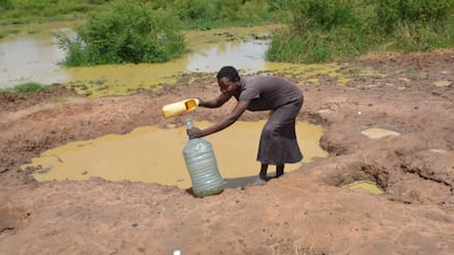 Una mujer colecta agua de una charca formada tras las recientes inundaciones en Albertine, Uganda.