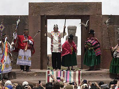 El presidente boliviano, Evo Morales, al momento de recibir la bendición de los sacerdotes aymaras en las ruinas de Tiahuanaco