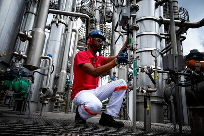 Un empleado en la fábrica de cerveza de Ambev en Barra do Piraí (Brasil).