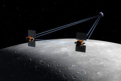 Ilustración de las dos naves espaciales Grail-B y Grail-B en órbita de la Luna y el esquema de intercambio de datos para medir el campo gravitatorio.