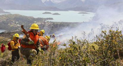 Bomberos y brigadistas luchan contra las llamas en Torres del Paine.