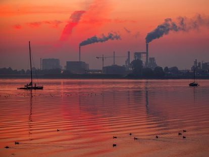 El humo sale de las chimeneas de empresas madereras en la bahía de Wismar, en el Estado alemán de Mecklemburgo-Pomerania Occidental.