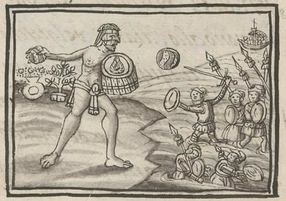 The heroic Tlatelolca warrior, Tzilcatzin, throws stones at the invading Spanish, found in Book 12.
