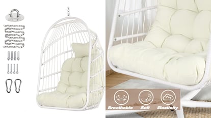 Este modelo de silla colgante con diseño de huevo tiene una estructura enrejada muy bonita.