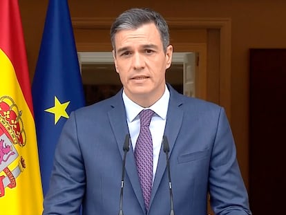 Pedro Sánchez, durante su comparecencia este lunes en La Moncloa.