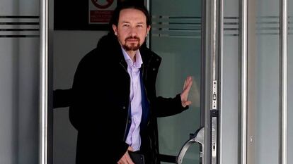 Pablo Iglesias, a su salida de la Audiencia Nacional, tras declarar como víctima en 2019.