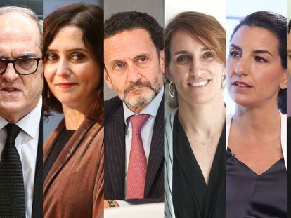 De izquierda a dercha: Ángel Gabilondo (PSOE), Isabel Díaz Ayuso (PP), Edmundo Bal (Ciudadanos), Mónica García (Más Madrid), Rocío Monasterio (Vox) y Pablo Iglesias (Podemos)