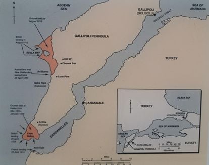 Mapa de los desembarcos en la península de Galípoli en la Primera Guerra Mundial.