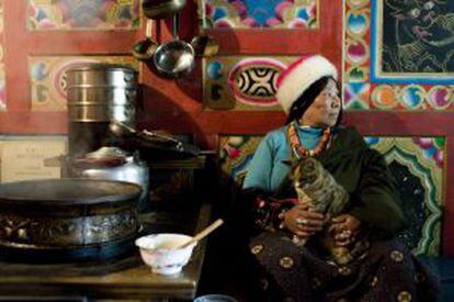 Una mujer de etnia tibetana cocinando para sus invitados extranjeros en Jiuzhaigou (China).
