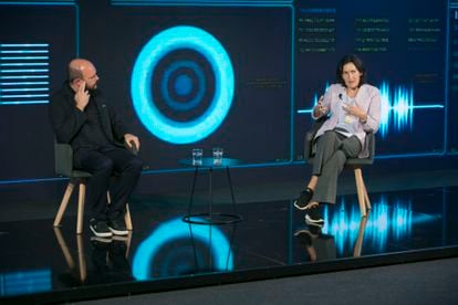 Ángeles González-Sinde, screenwriter and President of the Board of Trustees of the Museo Centro de Arte Reina Sofia, talks with the musician Niño de Elche.