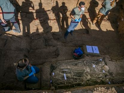 Personal técnico trabaja en la exhumación de la fosa común de Pico Reja, en Sevilla.