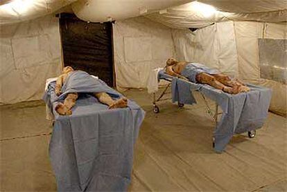 Los cadáveres de los hijos de Sadam Husein, expuestos ayer en una tienda de campaña con aire acondicionado en el aeropuerto de Bagdad.
