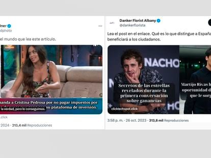 Capturas de pantalla de estafas que han sido publicadas en la aplicación 'X'.