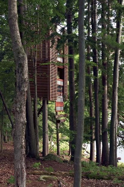 Cuatro abetos sirven de soporte a esta casa con vistas a la selva diseñada por Lukasz Kos. Por las noches, la iluminación la convierte en una especie de lámpara japonesa que brilla cerca del lago Muskoka (Ontario, Canada).