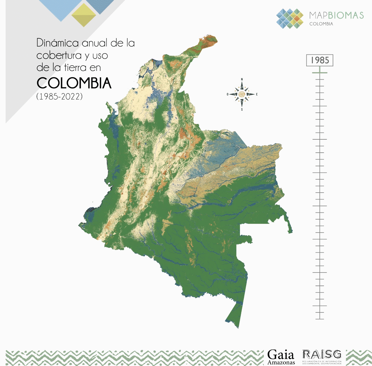 Dinámicas año a año de la cobertura y uso del suelo en Colombia.