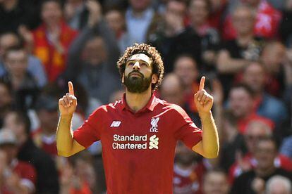 Mohamed Salah  celebra un gol que anotó el pasado 13 de mayo.