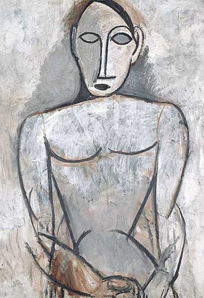 <i>Mujer con las manos juntas</i> (estudio para <i>Las señoritas de Aviñón)</i> (1907), de Picasso.