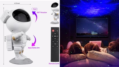 The astronaut-shaped projector that emits stars and constellations can be purchased in two colors.