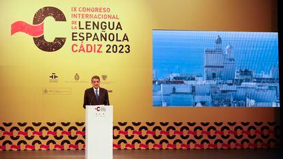 El escritor nicaragüense Sergio Ramírez, durante la inauguración del noveno Congreso Internacional de la Lengua Española, en Cádiz, este lunes.