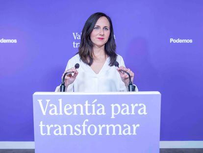 Ione Belarra, secretaria general de Podemos, en la sede del partido, la noche del 28 de mayo.